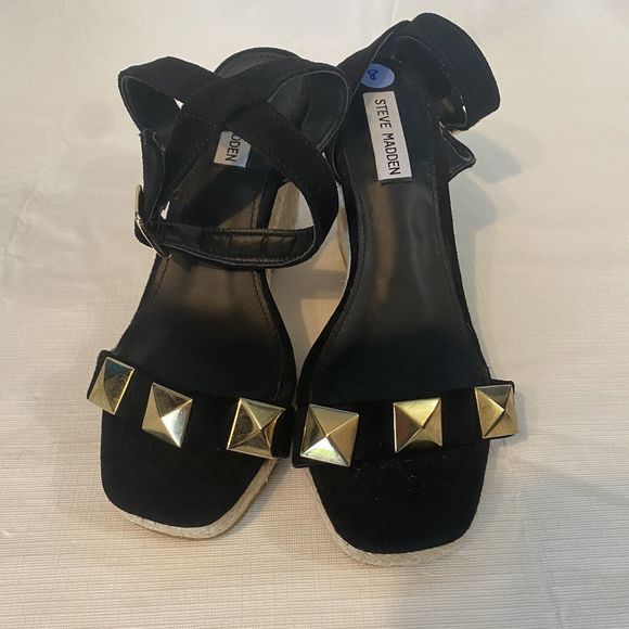 Steve Madden Sunty High Wedge Platform Sandal Size 8 Black‎ Leather NWT - Picture 1 of 13